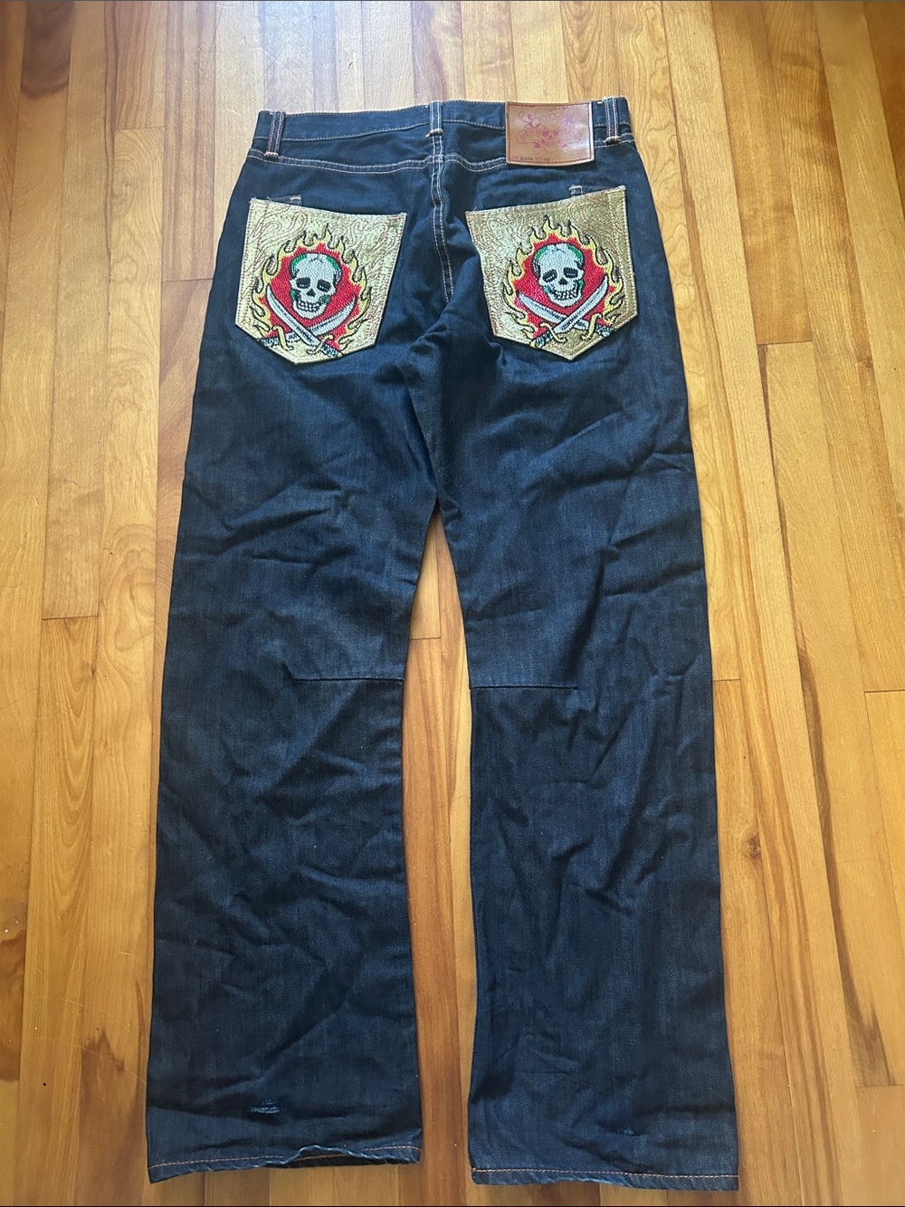 Ed Hardy Dark Blue Men's Jeans with Skull Patch Pocket 32x32
